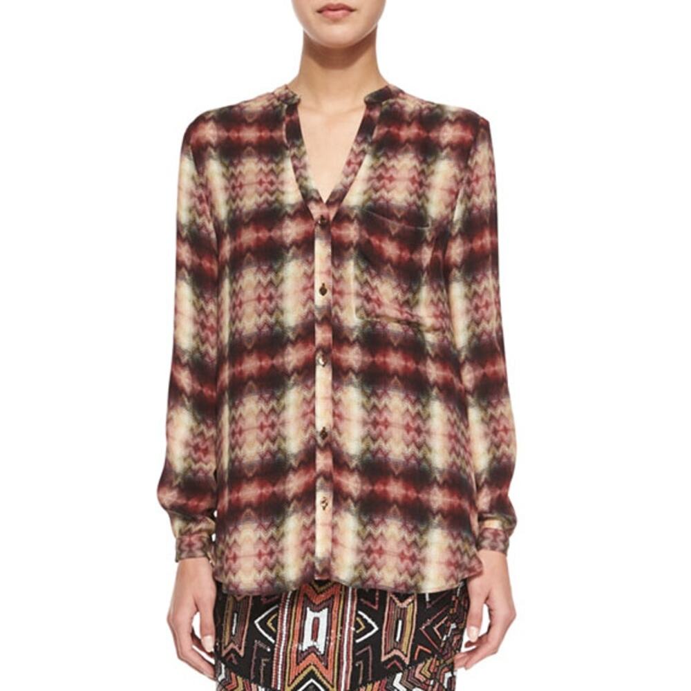 Haute Hippie Long Sleeve Pocket Blouse Tribal Chevron Plaid Small